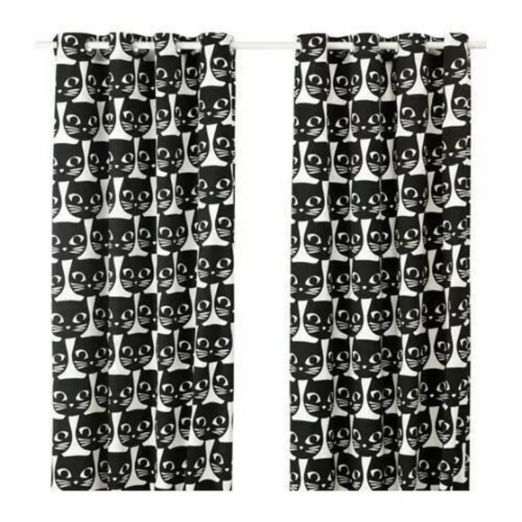 IKEA “MATTRAM” Niina Aalto CAT Curtain Panels Set of 2 White/BLACK CAT Faces - Picture 3 of 8
